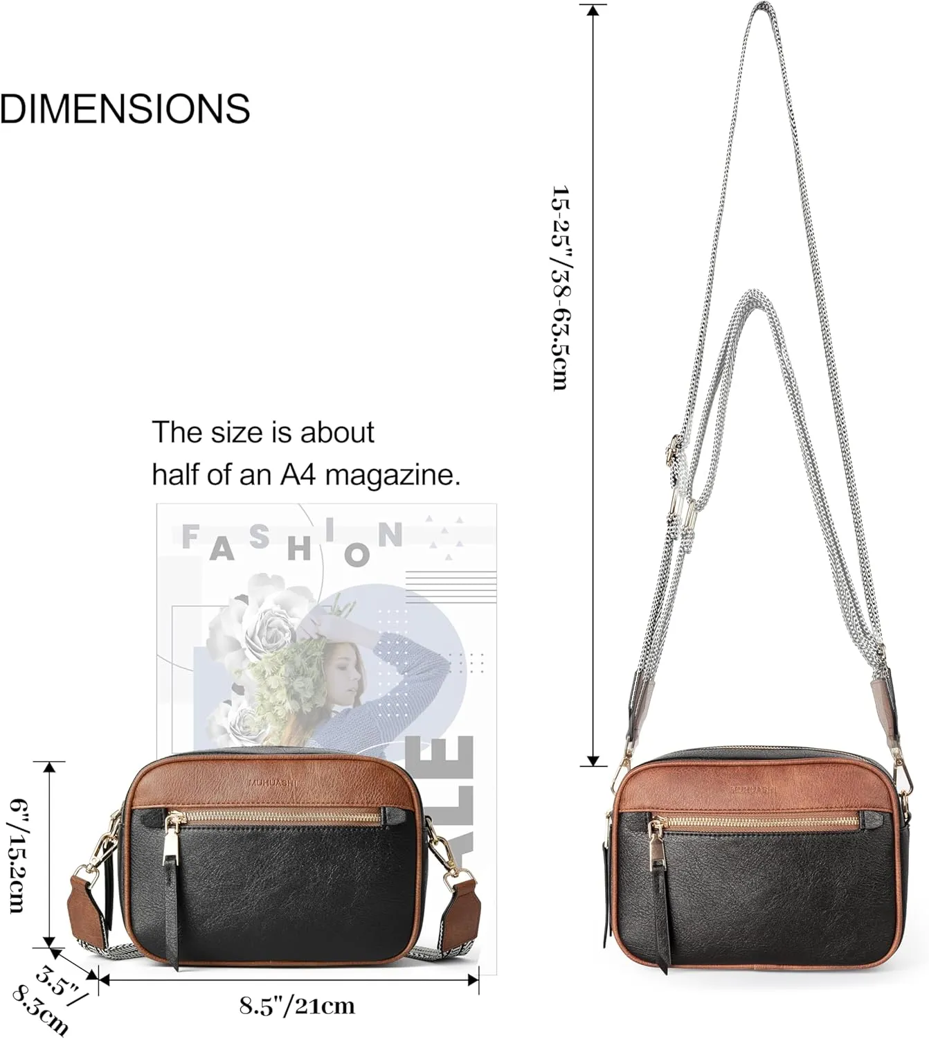 Small Crossbody Bag for Women Triple Pockets Vegan Leather Shoulder Camera Purse with Long Guitar Strap