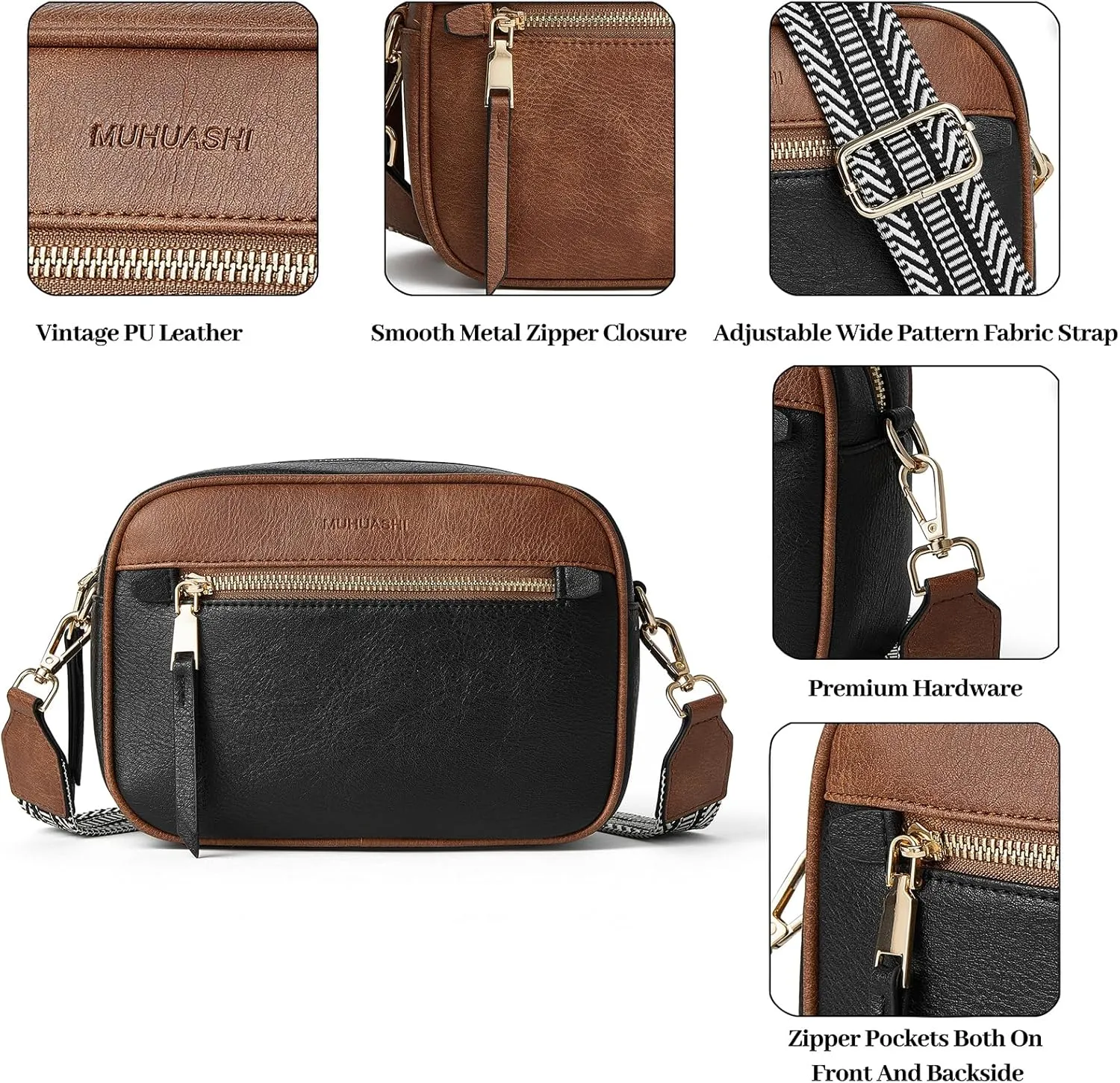 Small Crossbody Bag for Women Triple Pockets Vegan Leather Shoulder Camera Purse with Long Guitar Strap