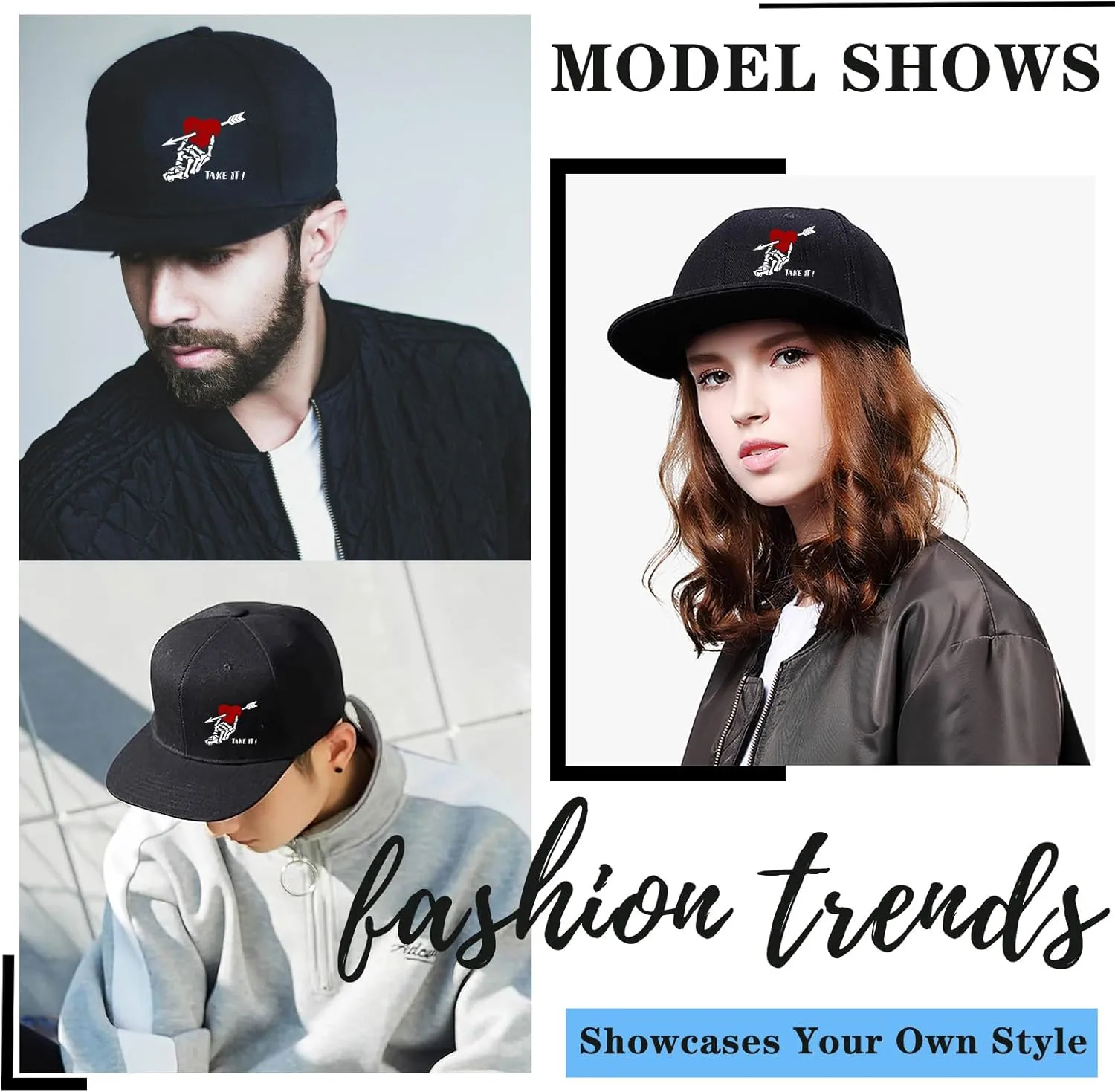 Snapback Hats for Men Flat Bill Hats for Men Black SkullHat Flat Brim Hat Fitted Hats Baseball Caps