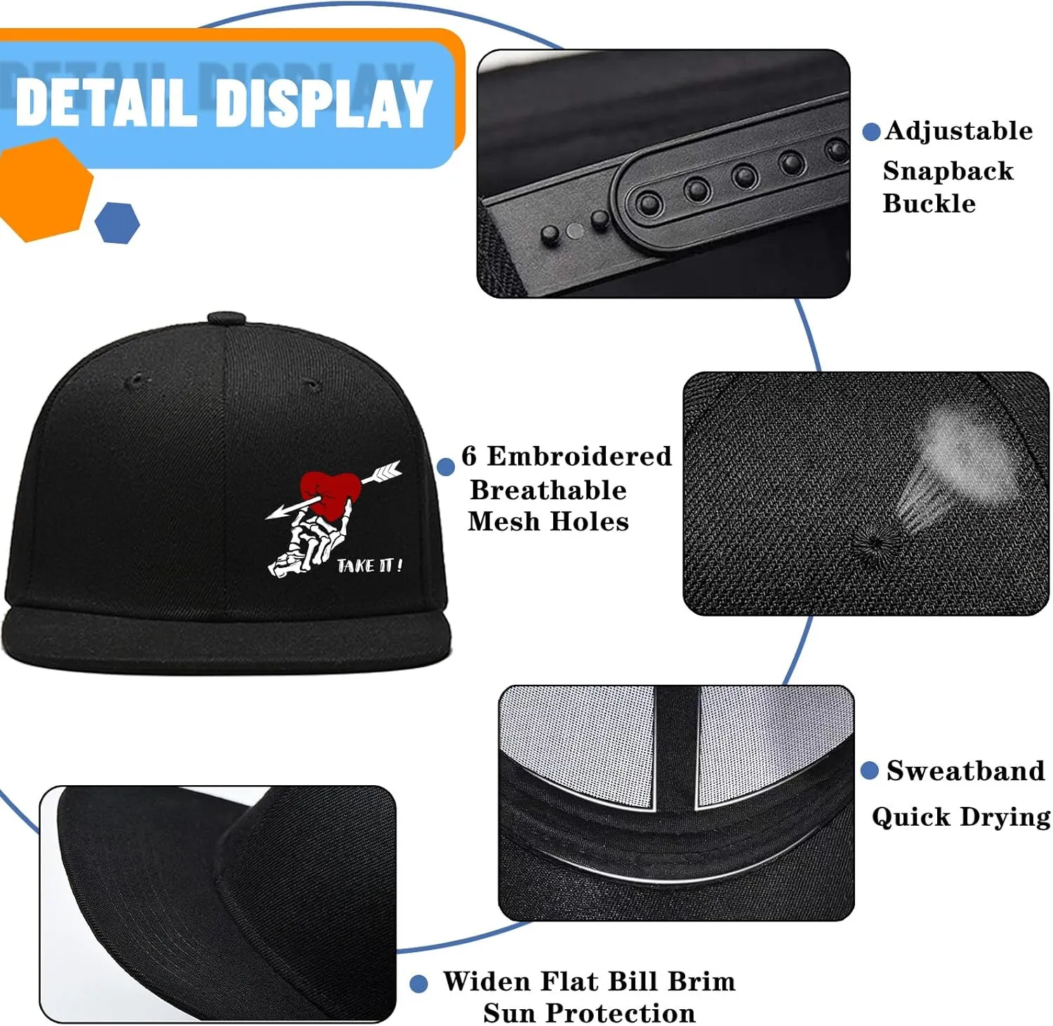 Snapback Hats for Men Flat Bill Hats for Men Black SkullHat Flat Brim Hat Fitted Hats Baseball Caps