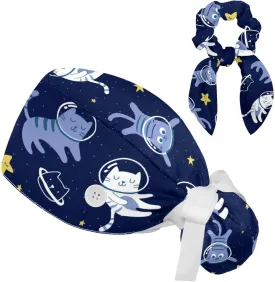 Space Cats Cute Scrub Caps Surgical Women with Button Adjustable Hats Surgical Caps with Scrunchie for Women