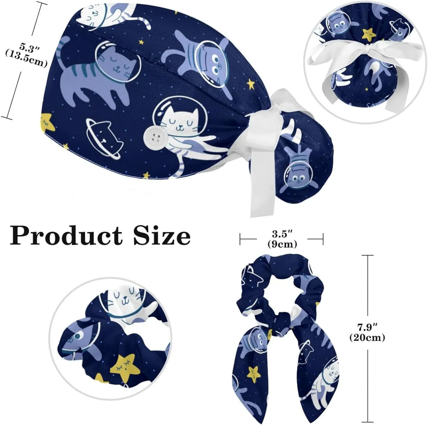 Space Cats Cute Scrub Caps Surgical Women with Button Adjustable Hats Surgical Caps with Scrunchie for Women