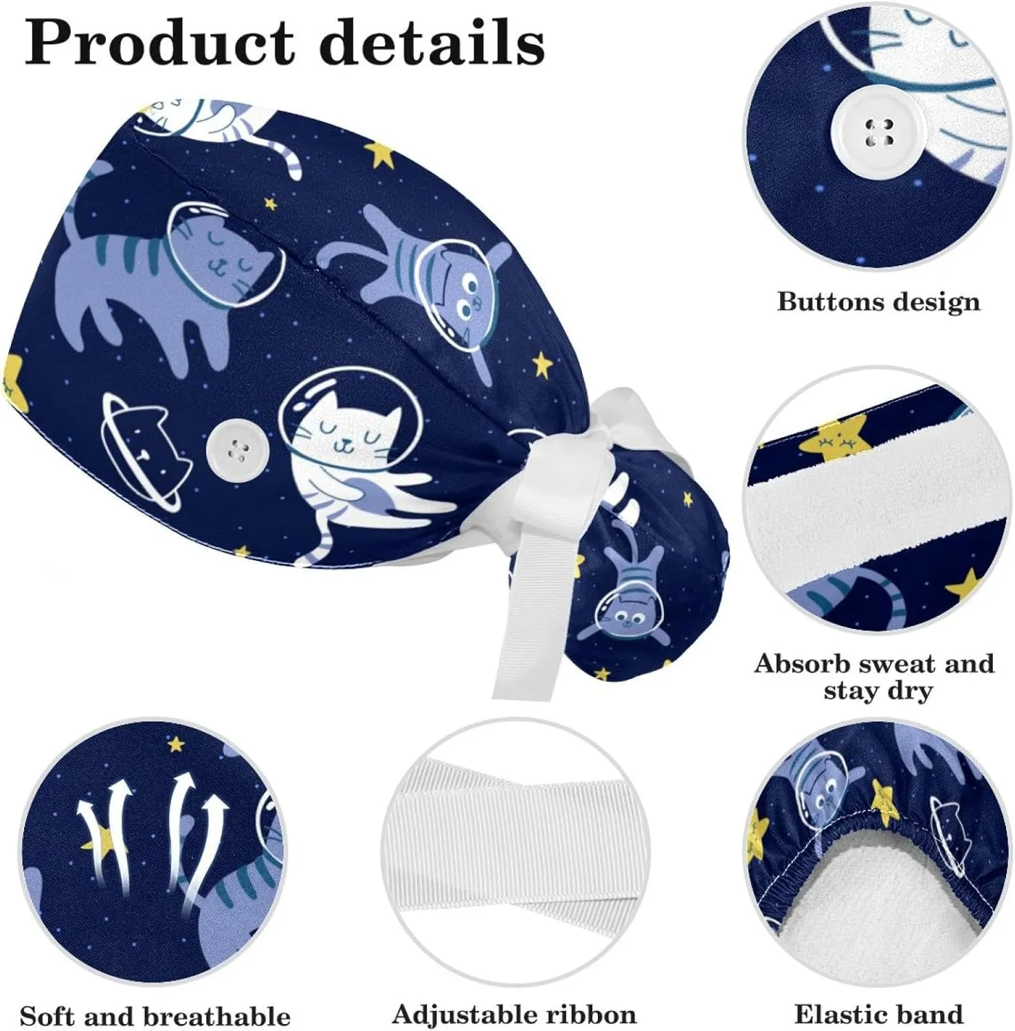 Space Cats Cute Scrub Caps Surgical Women with Button Adjustable Hats Surgical Caps with Scrunchie for Women