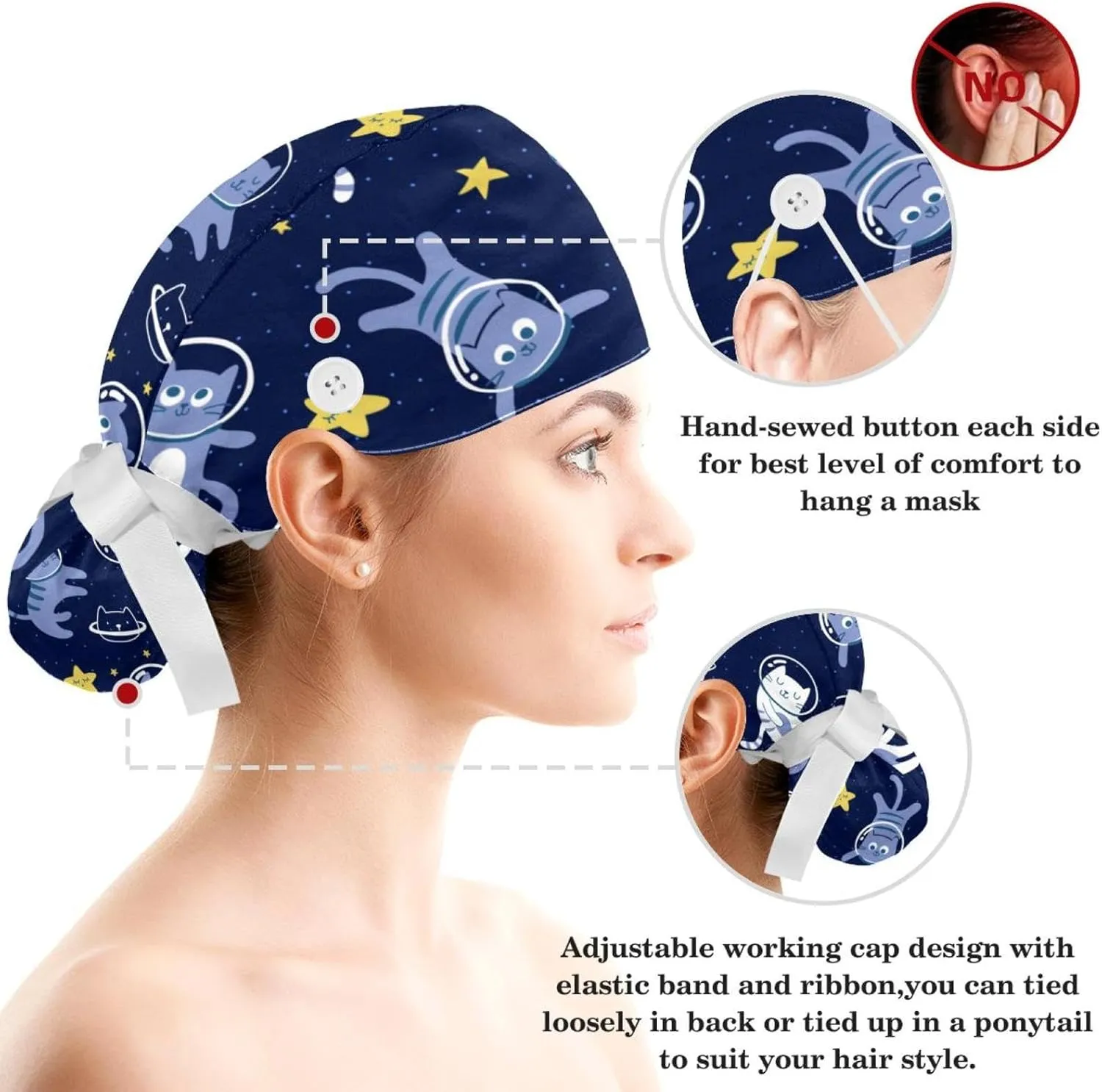 Space Cats Cute Scrub Caps Surgical Women with Button Adjustable Hats Surgical Caps with Scrunchie for Women