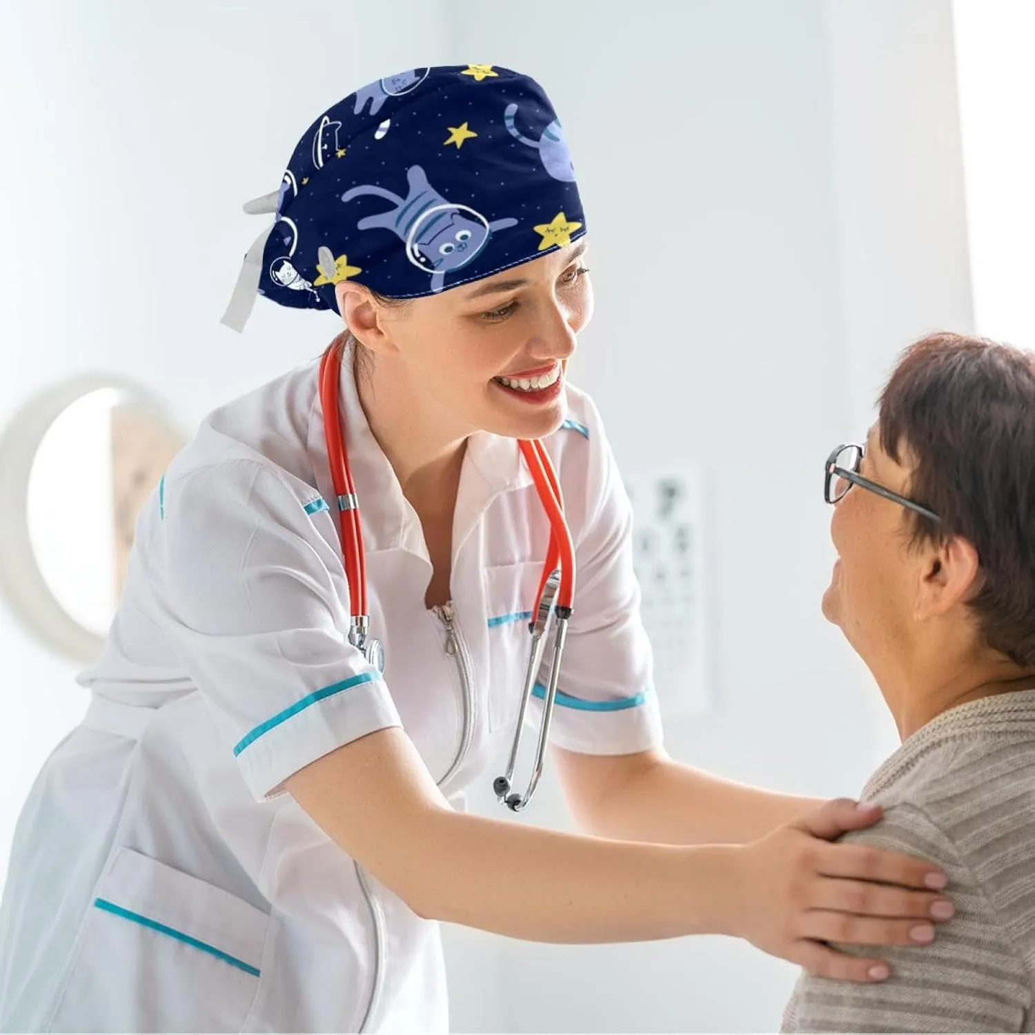 Space Cats Cute Scrub Caps Surgical Women with Button Adjustable Hats Surgical Caps with Scrunchie for Women