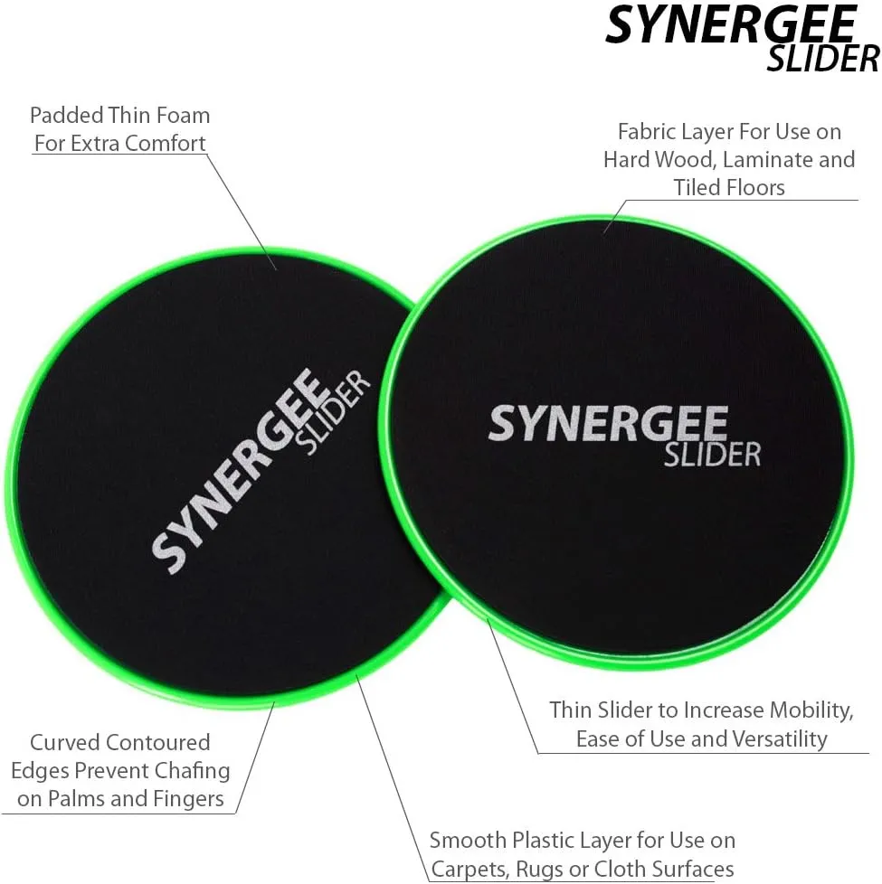 Synergee Core Sliders. Dual Sided Use on Carpet or Hardwood Floors. Abdominal Exercise Equipment
