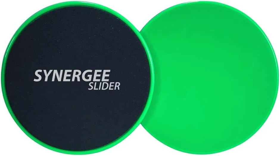 Synergee Core Sliders. Dual Sided Use on Carpet or Hardwood Floors. Abdominal Exercise Equipment