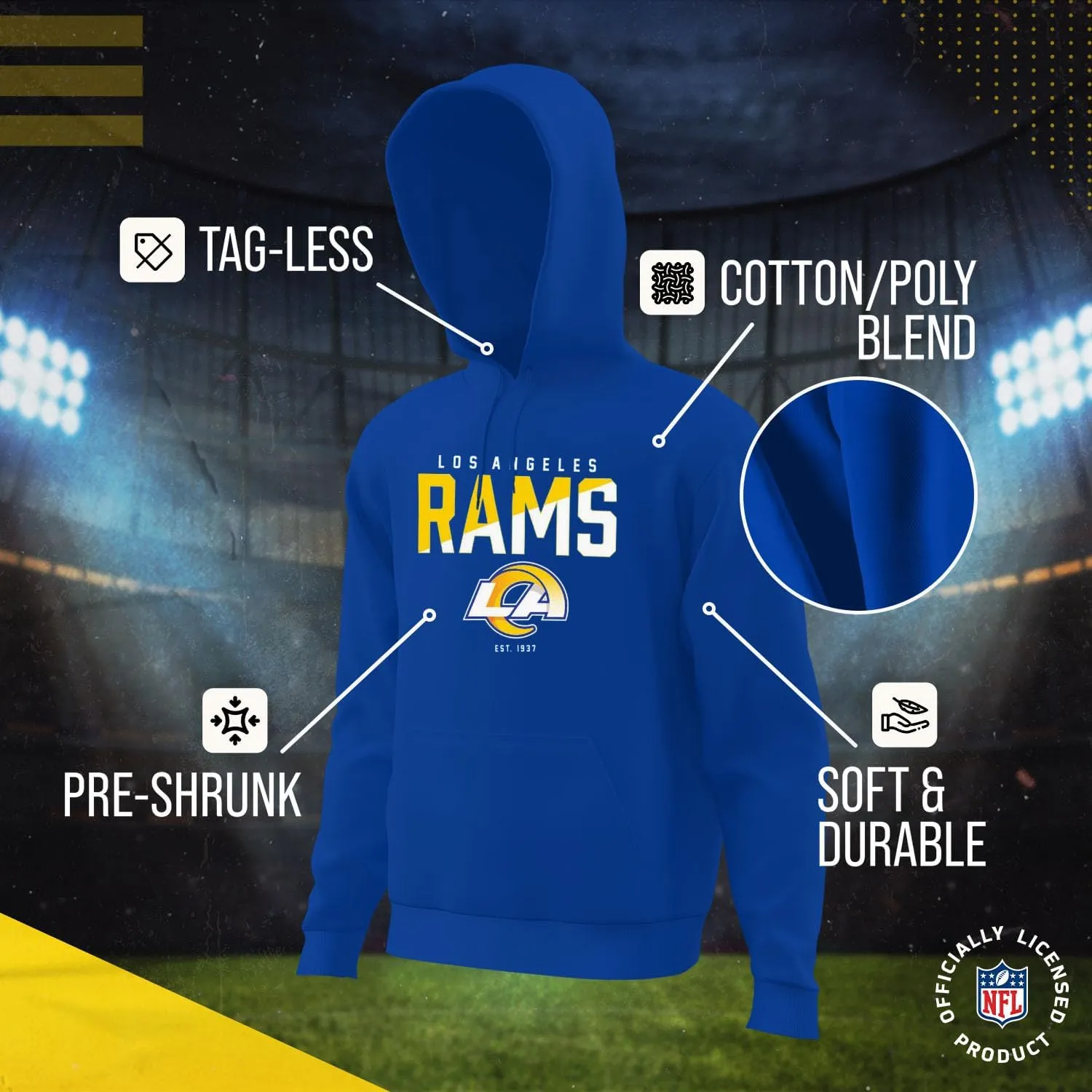 Team Fan Apparel Adult NFL Diagonal Fade Fleece Hooded Sweatshirt - Unisex Tagless - Officially Licensed Football Pullover