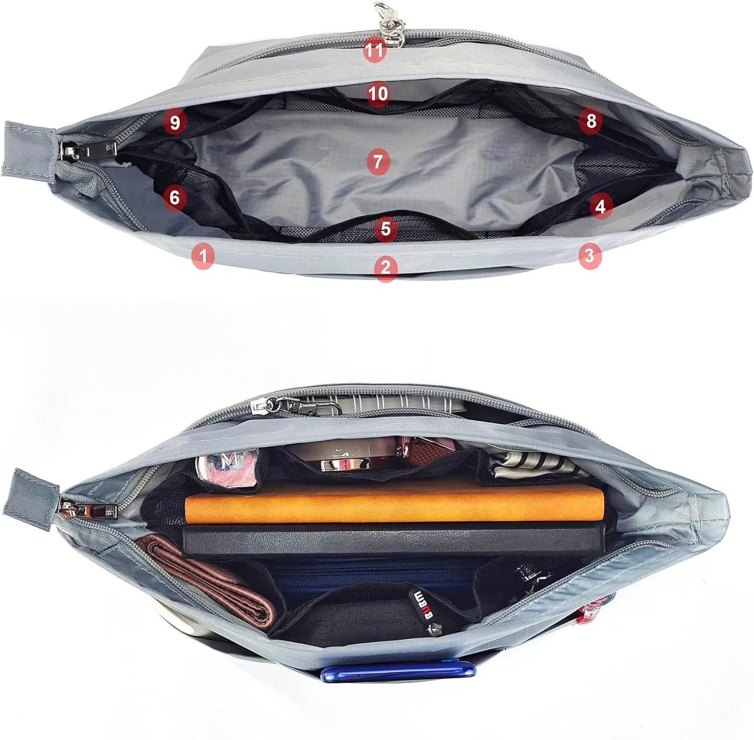Time Wing Handbag Tote Purse Organizer Insert Bag Liner Shaper Divider Zipper 11 Pockets Compartments X Large Grey