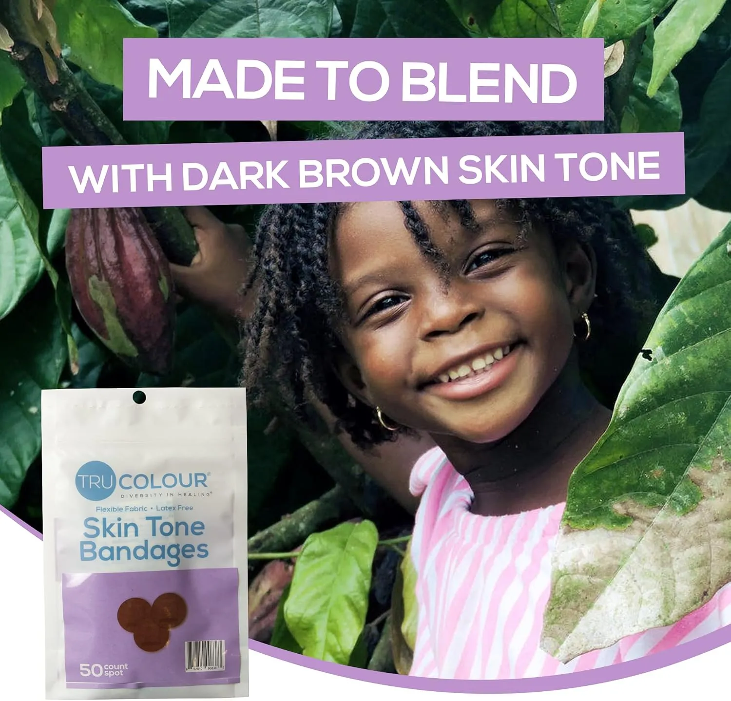 Tru Colour - Spot Bandages, Flexible Fabric Adhesive Bandages, Dark Brown Skin Tone Shade, Purple Bag, 50 Count