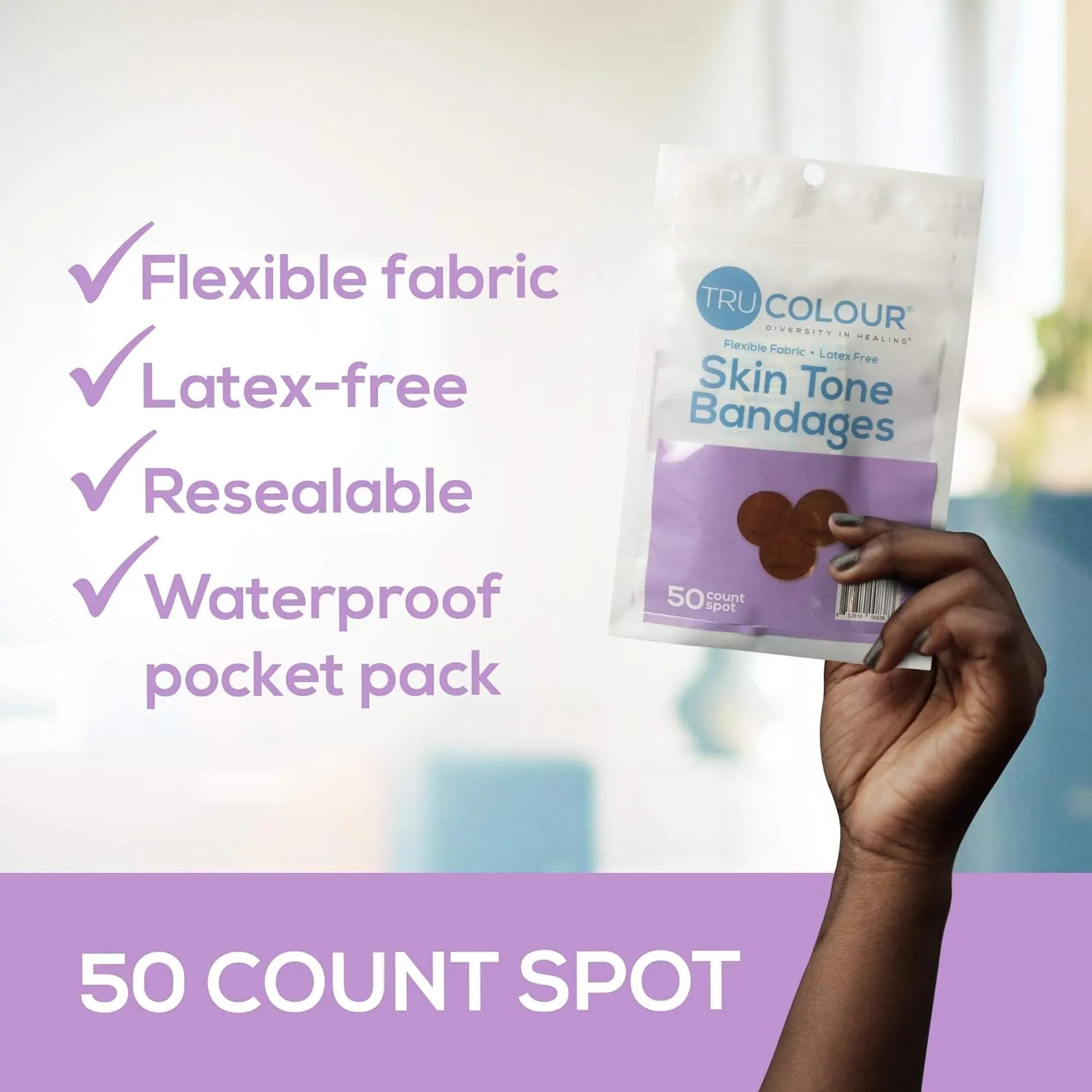 Tru Colour - Spot Bandages, Flexible Fabric Adhesive Bandages, Dark Brown Skin Tone Shade, Purple Bag, 50 Count
