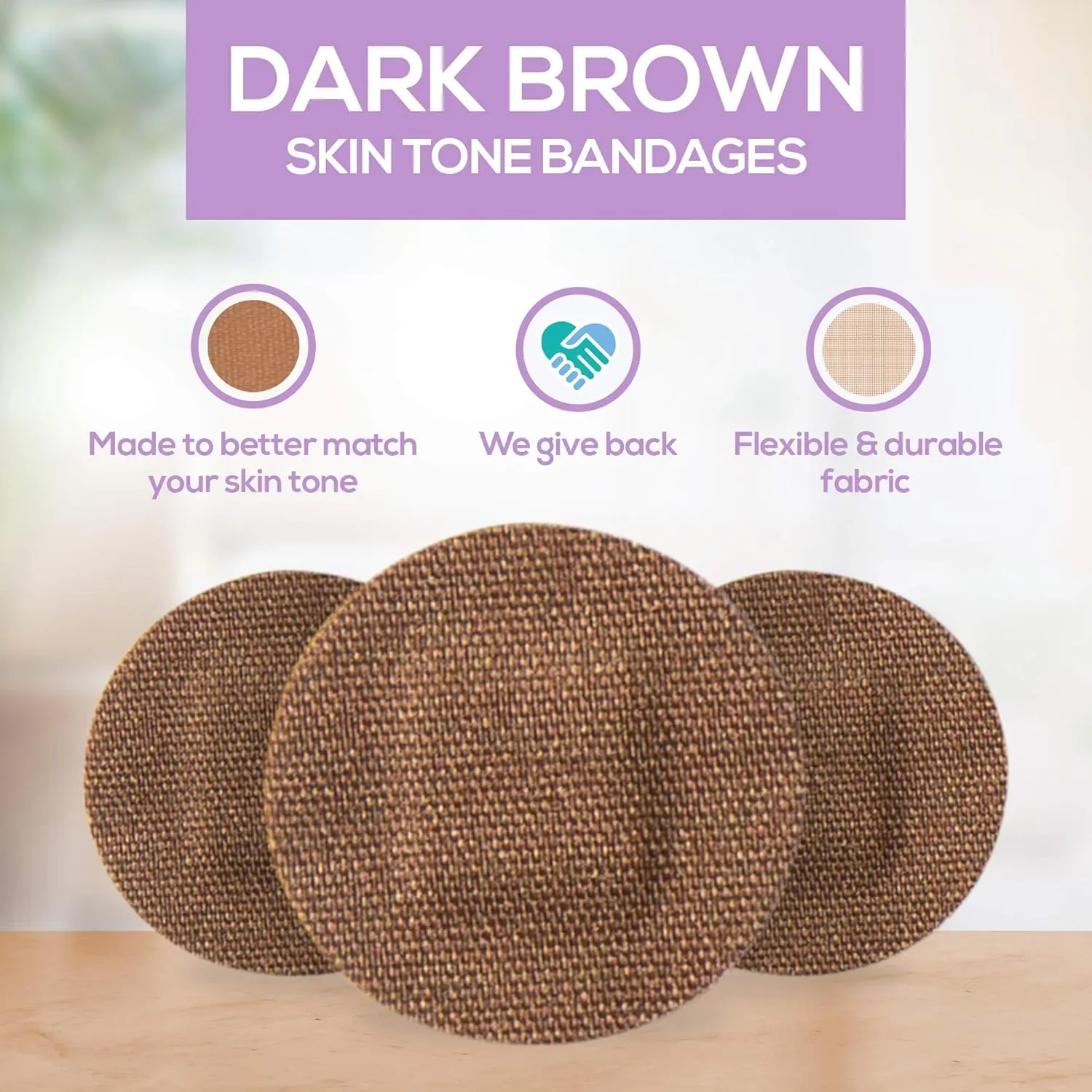 Tru Colour - Spot Bandages, Flexible Fabric Adhesive Bandages, Dark Brown Skin Tone Shade, Purple Bag, 50 Count