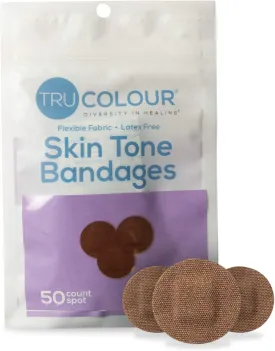 Tru Colour - Spot Bandages, Flexible Fabric Adhesive Bandages, Dark Brown Skin Tone Shade, Purple Bag, 50 Count