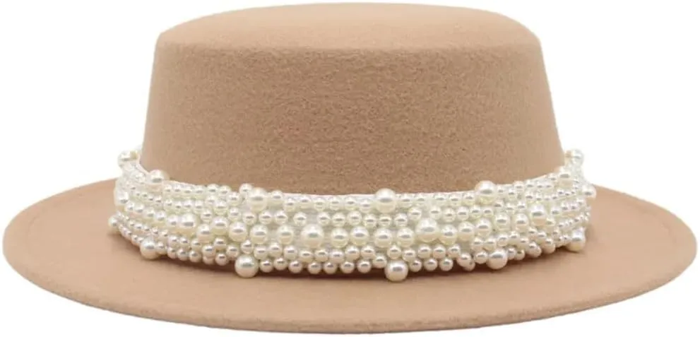 Unisex Flat Top Fedoras Hats Solid Color Pearl Accessories Jazz Cap Men Women French Elegant Top Hat