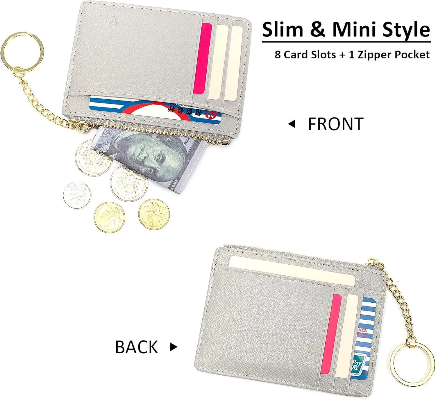 Valentoria Slim RFID Blocking Card Holder Small Pocket Wallet Keychian Zipper Coin Purse Mini Cash & Coin & Cards Case for Women Men