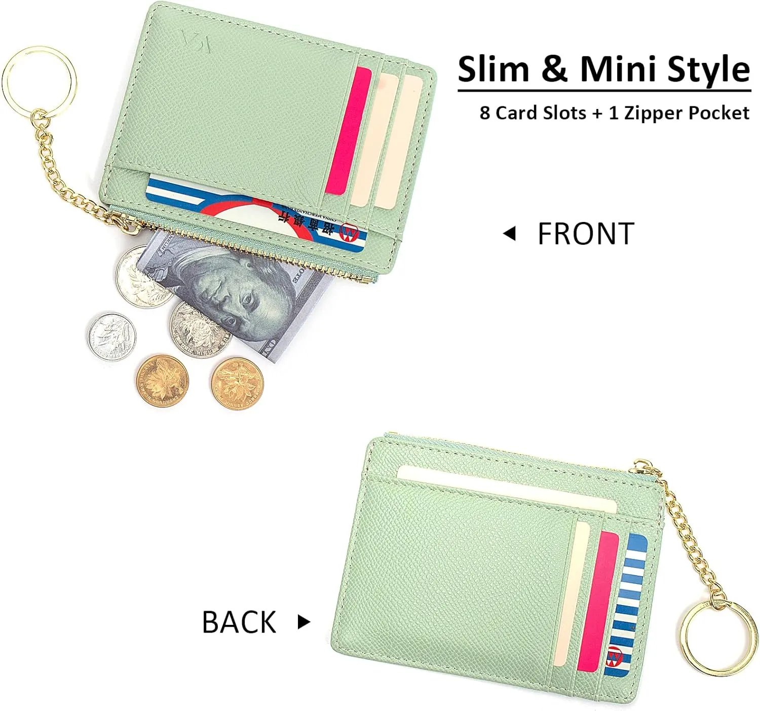 Valentoria Slim RFID Blocking Card Holder Small Pocket Wallet Keychian Zipper Coin Purse Mini Cash & Coin & Cards Case for Women Men