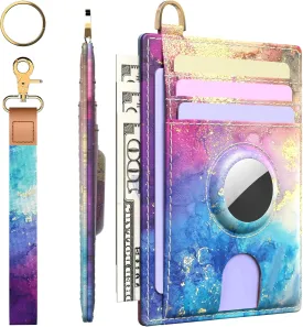Wallet for Women with Wristlet Keychain: Secure Holder for AirTag, Premium Leather, Custom Pattern, RFID Blocking, Slim, Minimalist, Small - 8-11 Card Capacitiy | ID Window | Cash Pocket (Rainbow)