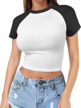 Womens Short Sleeve Crop Top Crew Neck Y2K Shirt Sexy Slim Fitted Casual Base Layer Soft Workout Shirt Going Out Tops