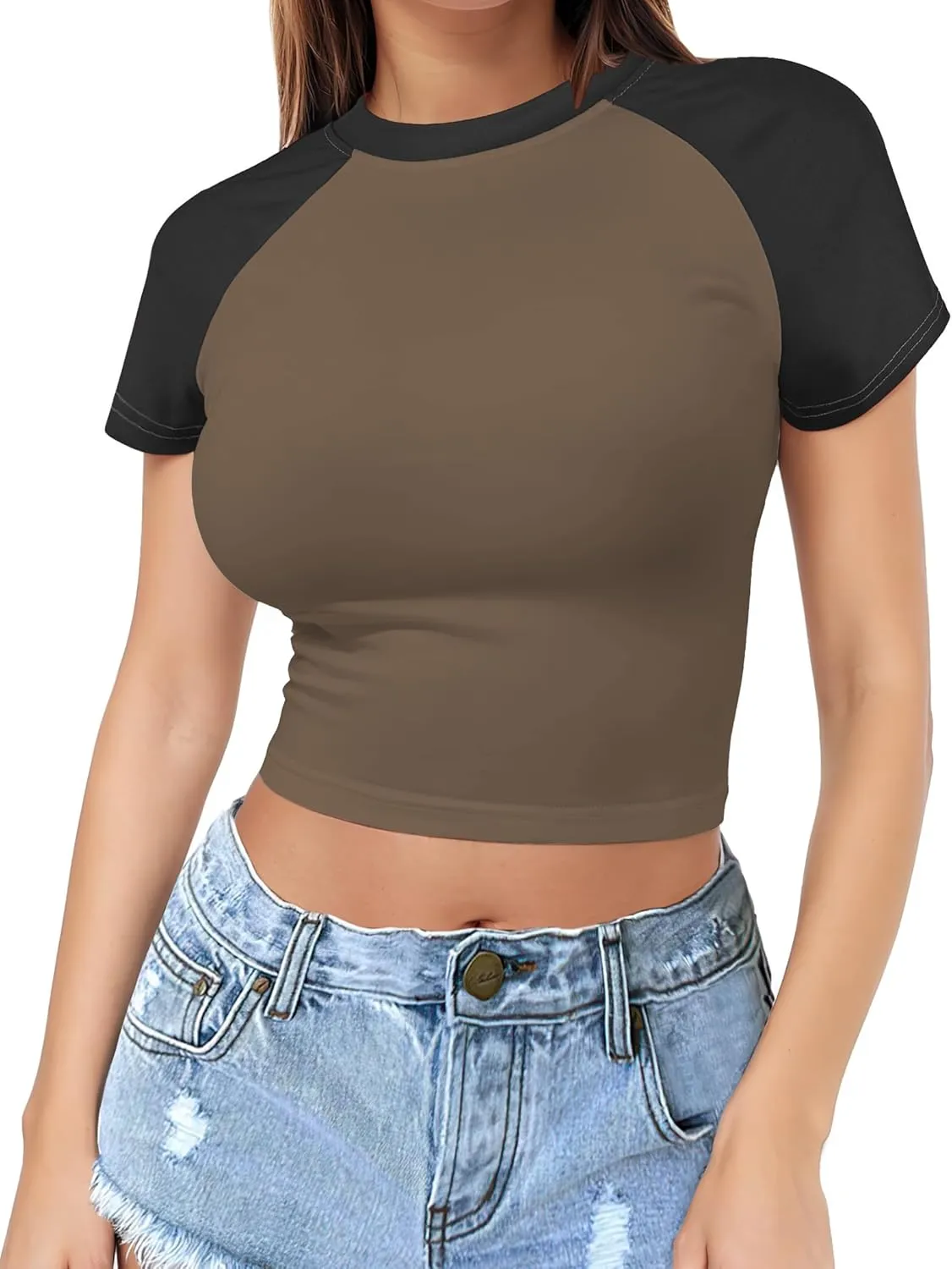 Womens Short Sleeve Crop Top Crew Neck Y2K Shirt Sexy Slim Fitted Casual Base Layer Soft Workout Shirt Going Out Tops