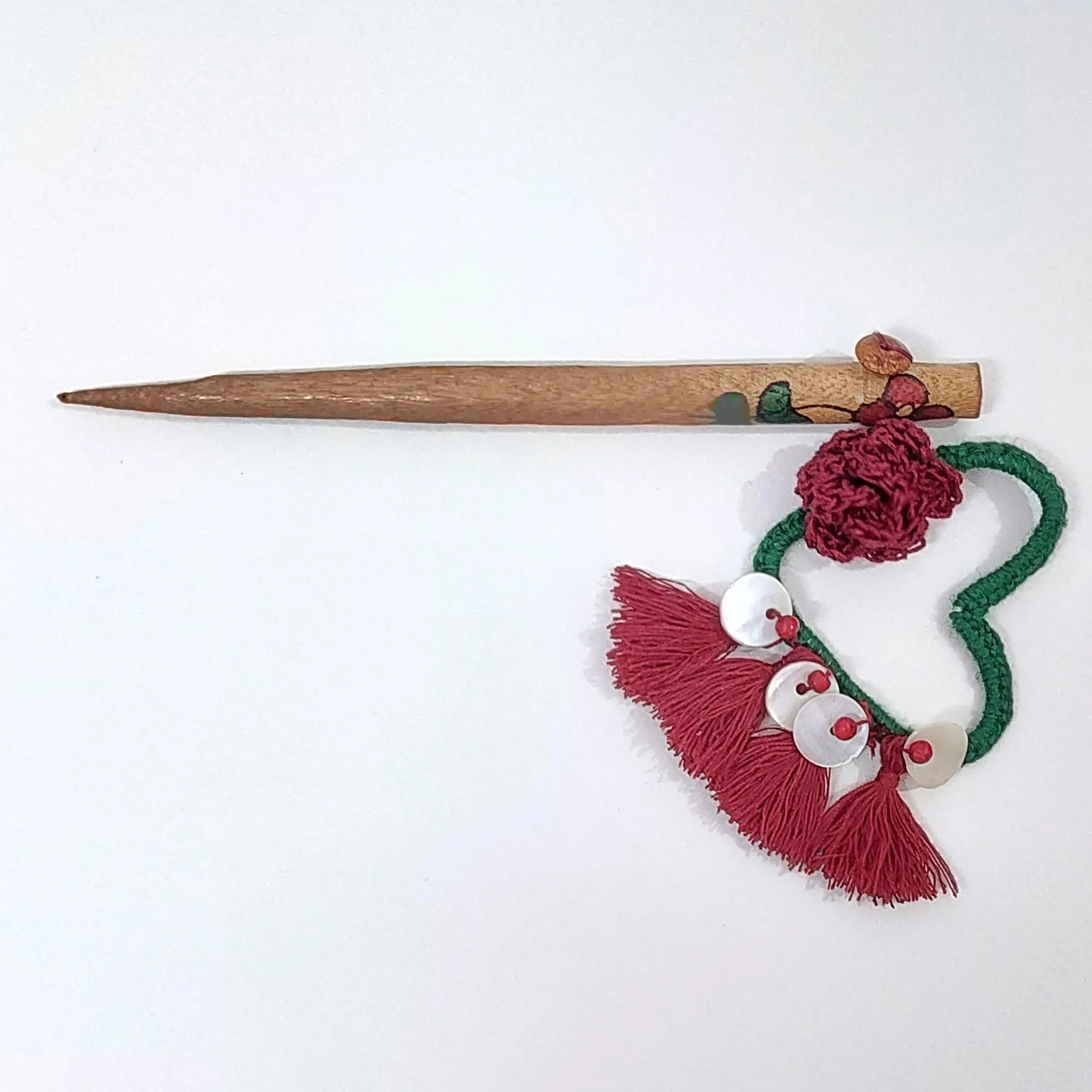 Wooden Hair Stick Rosy Red And Green