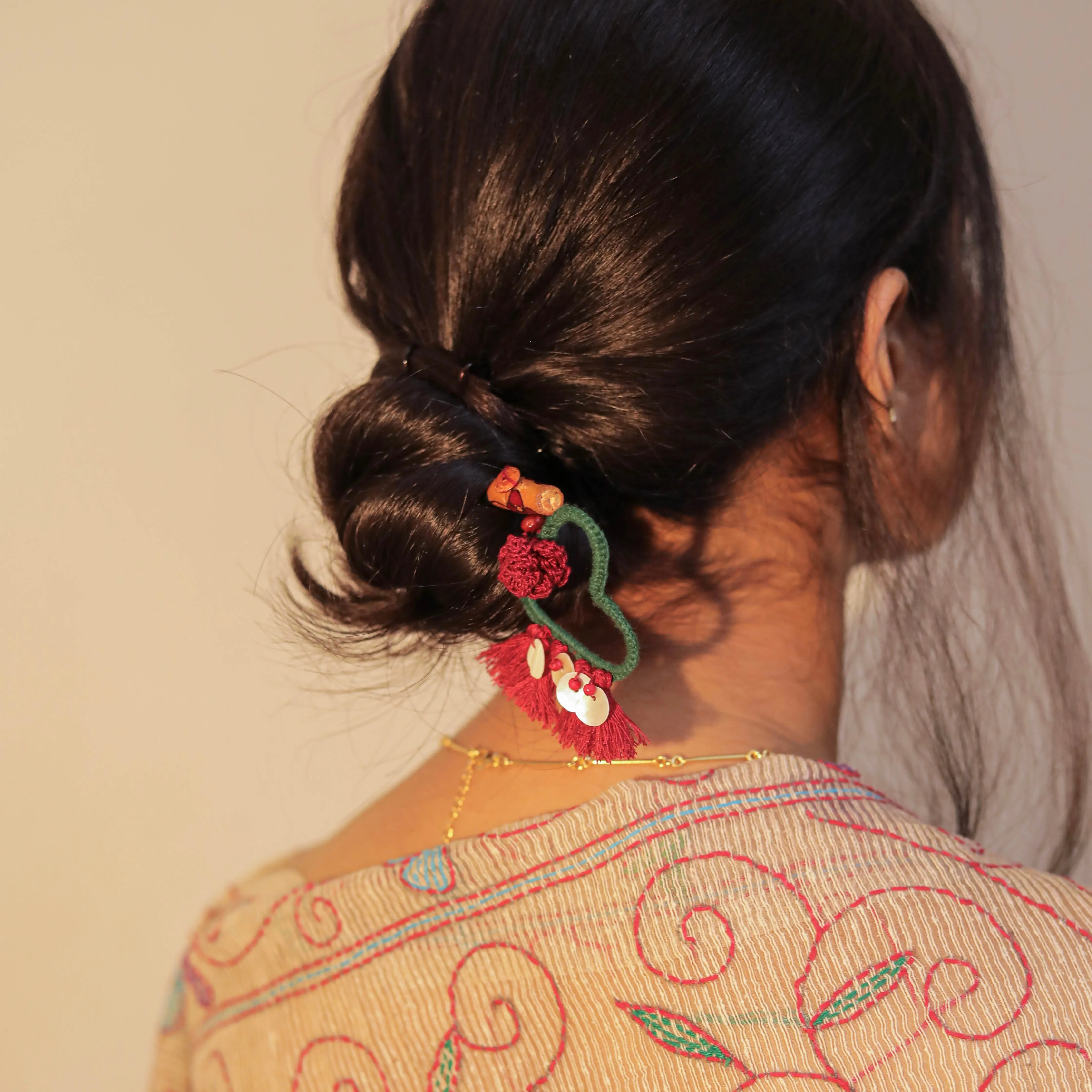 Wooden Hair Stick Rosy Red And Green