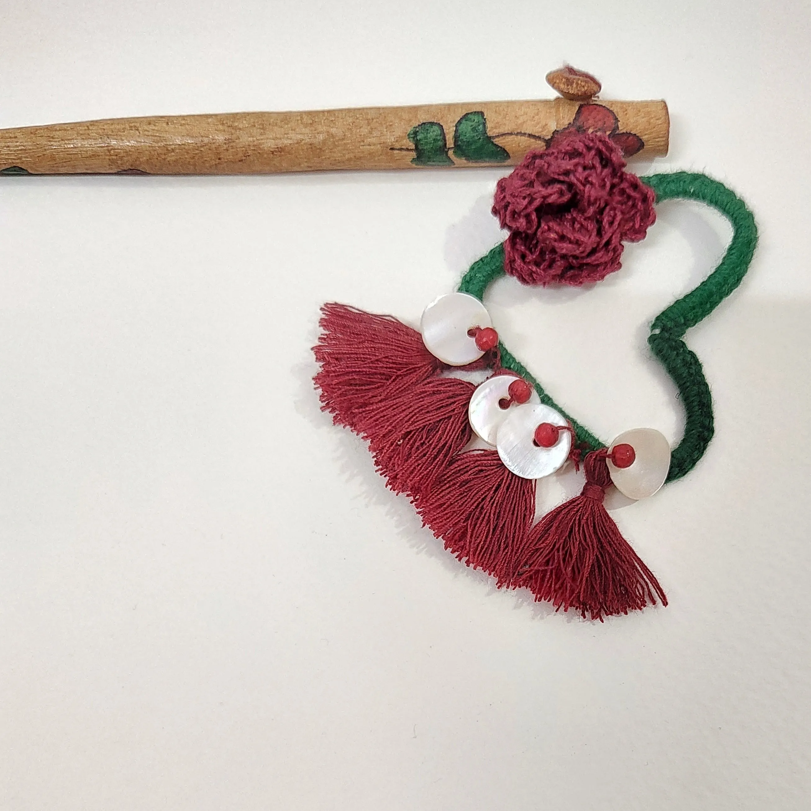 Wooden Hair Stick Rosy Red And Green