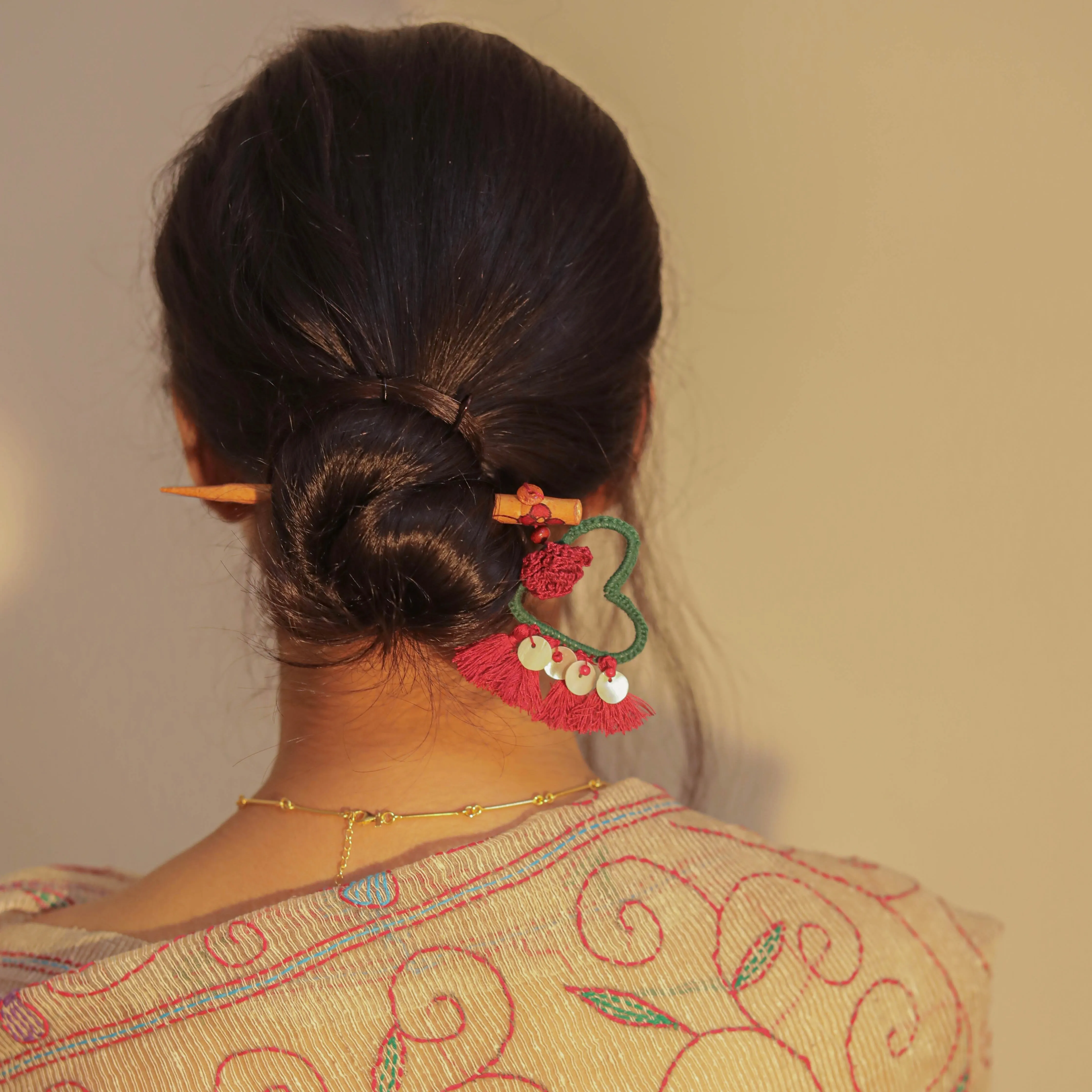 Wooden Hair Stick Rosy Red And Green