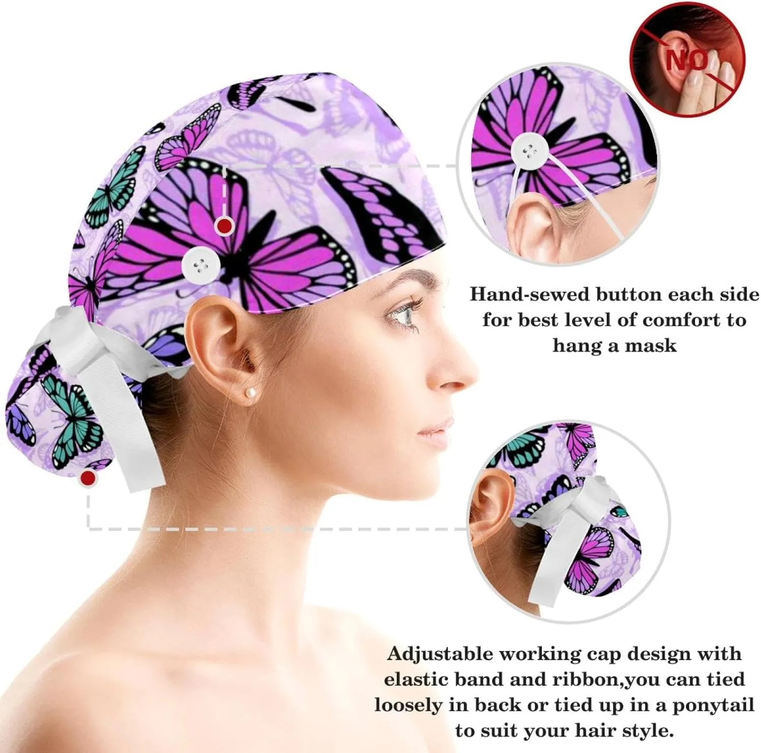 Working Cap with Button Sweatband, Neon Butterflies Pattern Scrub Cap Surgical Hats for Women Long Hair