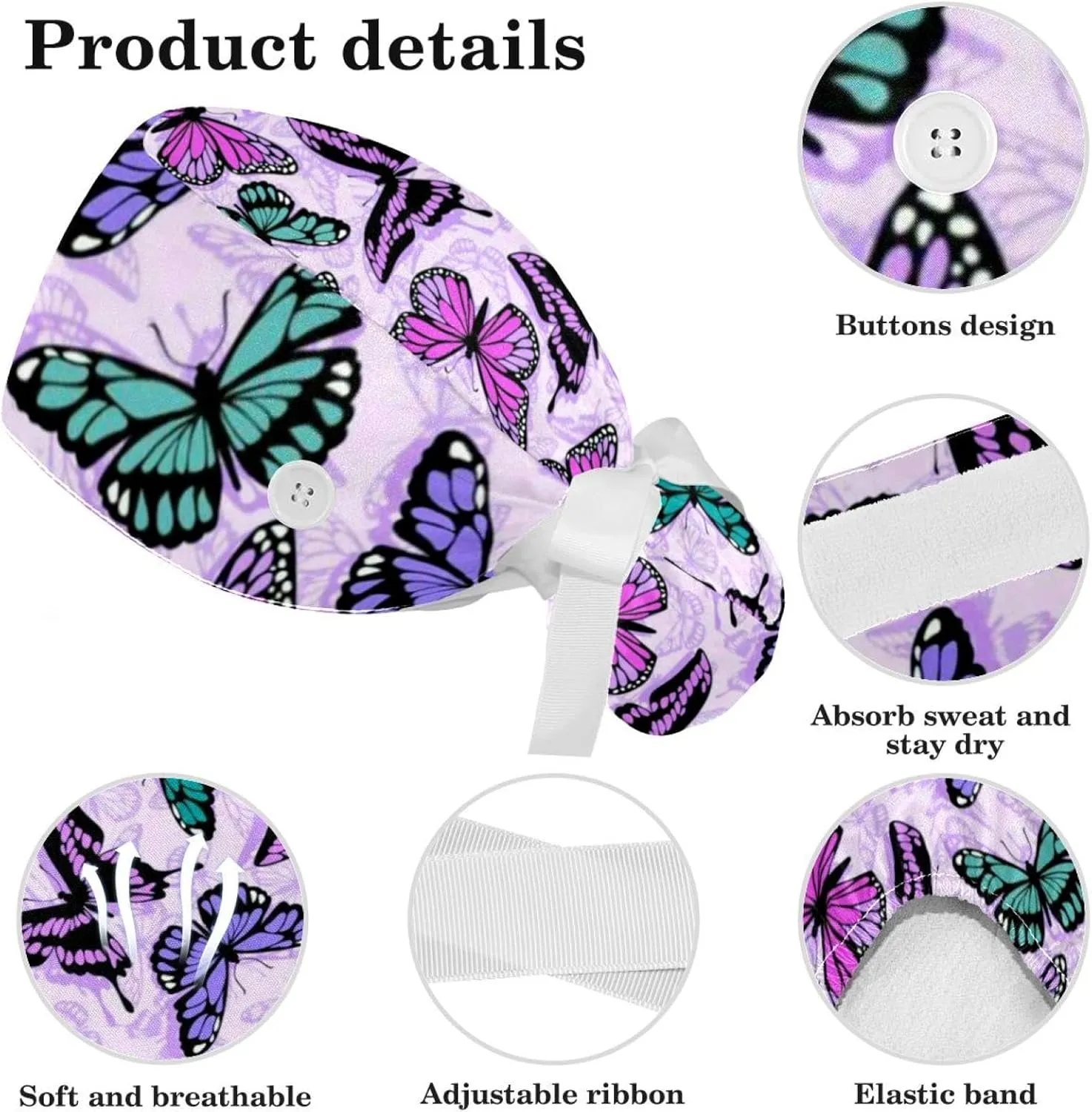 Working Cap with Button Sweatband, Neon Butterflies Pattern Scrub Cap Surgical Hats for Women Long Hair