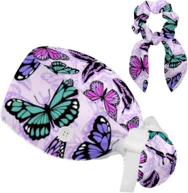 Working Cap with Button Sweatband, Neon Butterflies Pattern Scrub Cap Surgical Hats for Women Long Hair