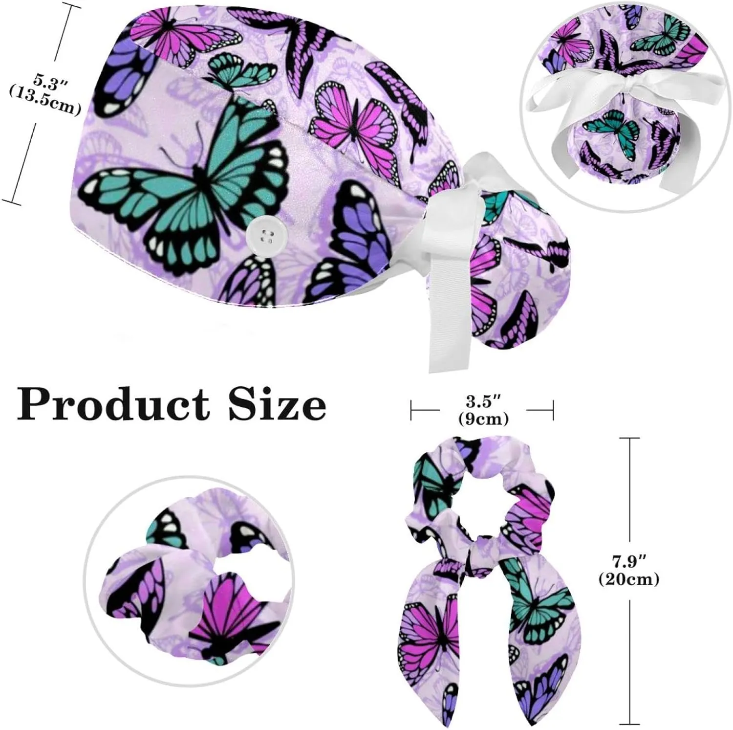 Working Cap with Button Sweatband, Neon Butterflies Pattern Scrub Cap Surgical Hats for Women Long Hair